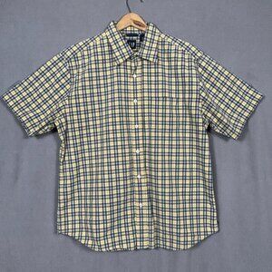 Gap Shirt Men's Large Yellow Blue Plaid Short Sleeve Button Up Casual Cotton